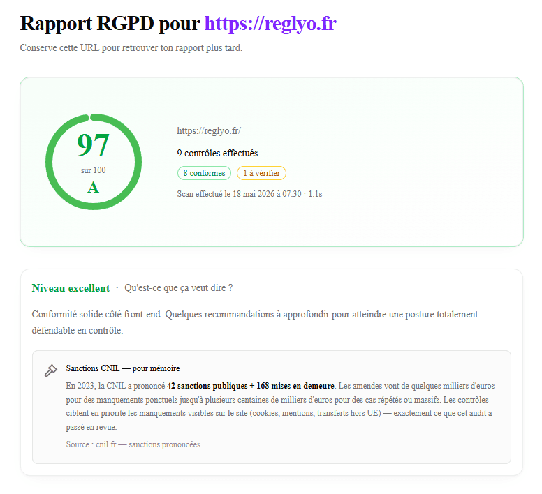Rapport d’audit RGPD Reglyo : score 97 sur 100 (niveau A) avec le détail des contrôles de conformité
